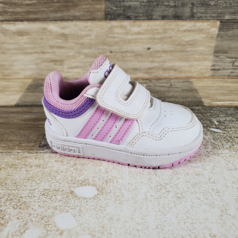 Adidas Hoops 3.0 Kids Sport Shoes Sz 5 Comfort White Lilac Round Toe Hook & Loop